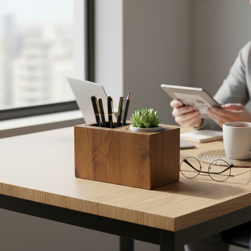 Double Pencil Holder in Coffee Brown, Wooden Desk Organizer, MDF Pen Cup for Home Office or Kids' Desk - wood material and finish detail