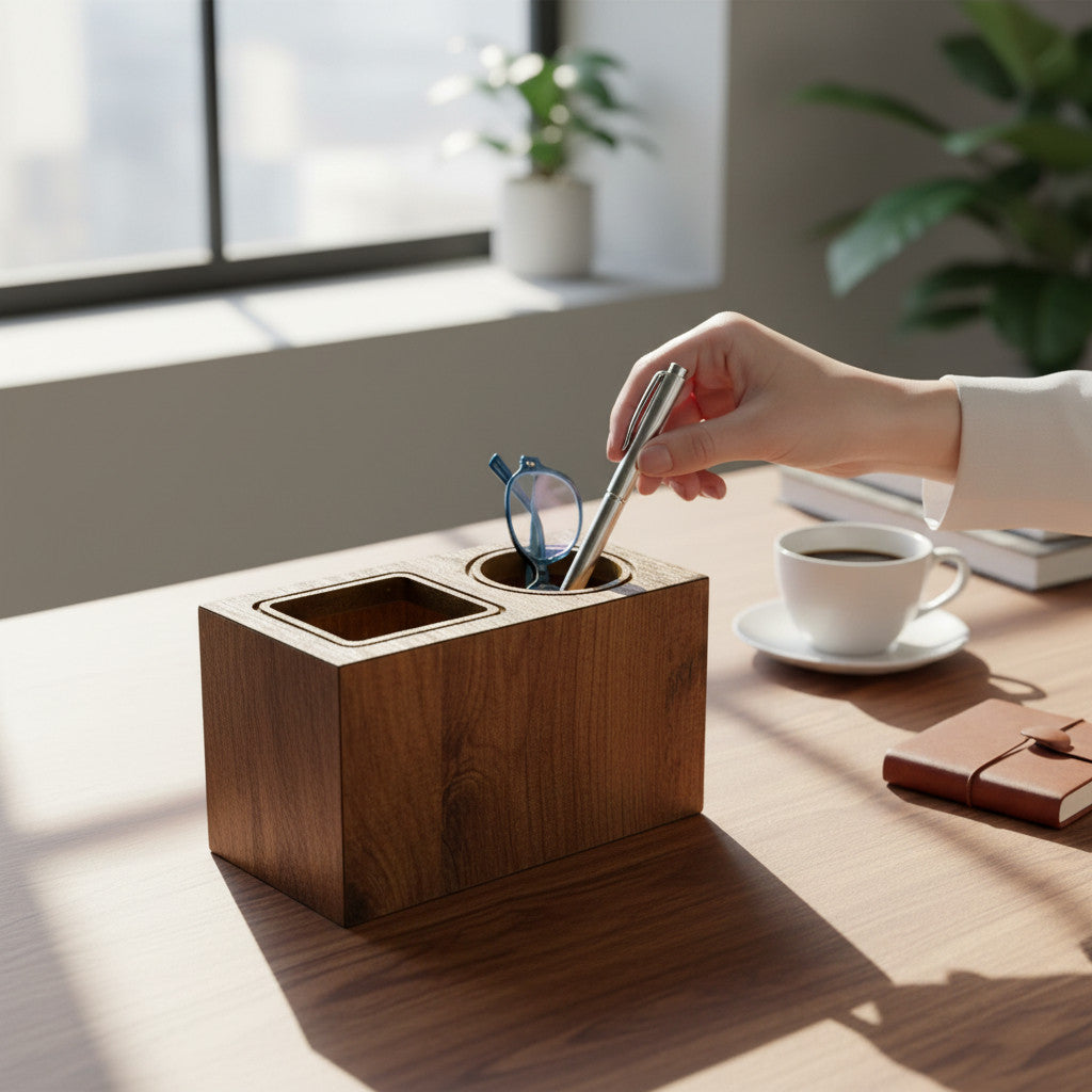 Double Pencil Holder in Coffee Brown, Wooden Desk Organizer, MDF Pen Cup for Home Office or Kids' Desk - side view showing the product profile