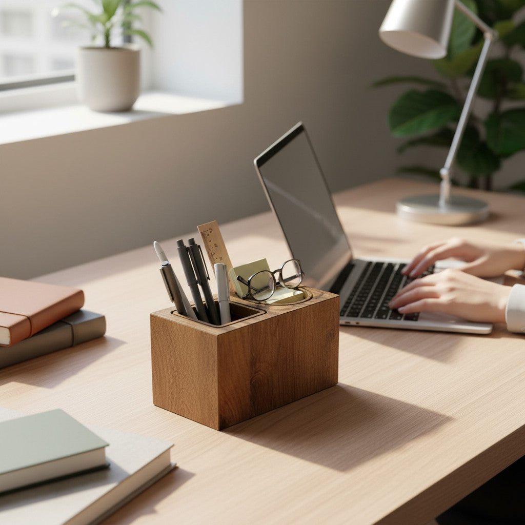 Double Pencil Holder in Coffee Brown, Wooden Desk Organizer, MDF Pen Cup for Home Office or Kids' Desk - size and shape detail