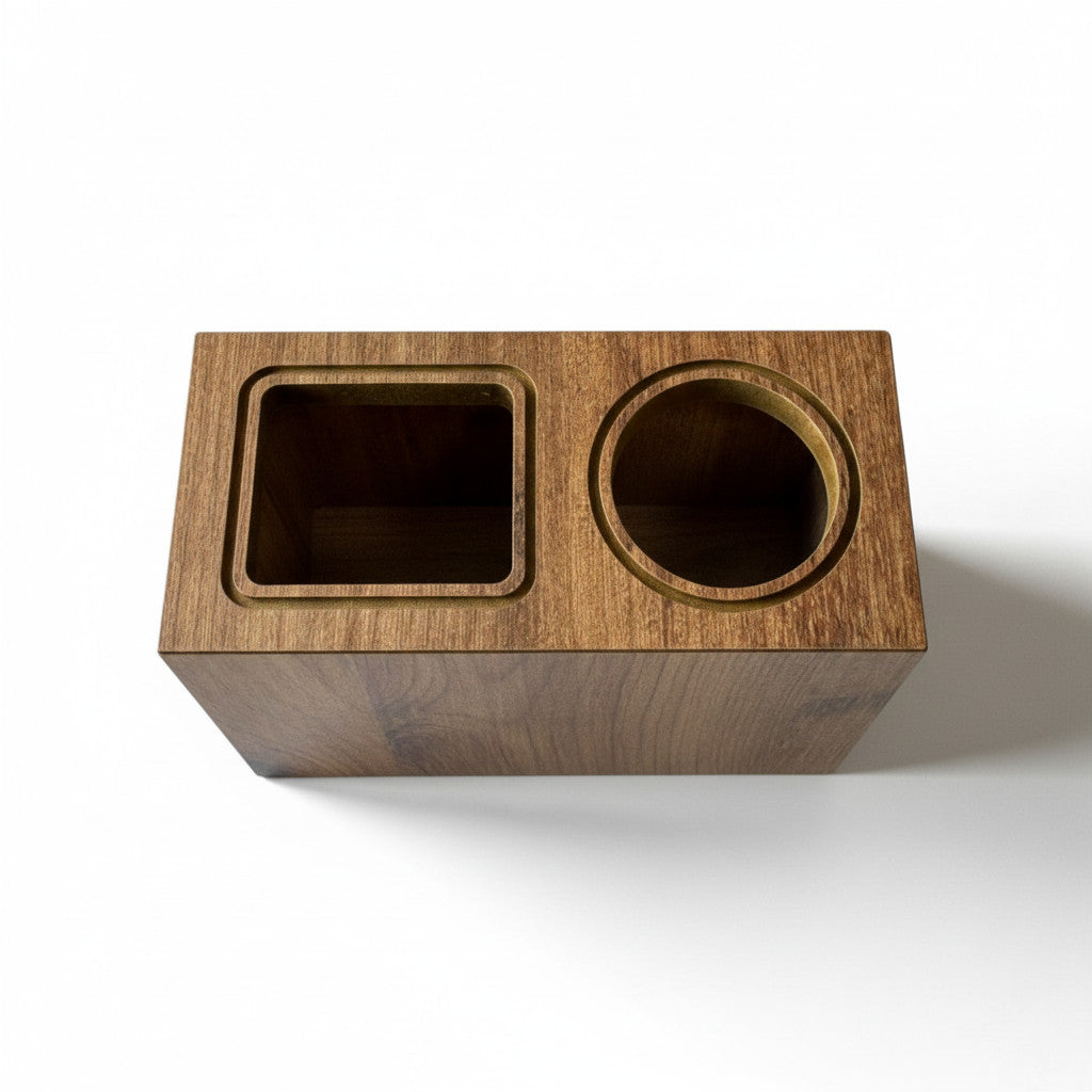 Double Pencil Holder in Coffee Brown, Wooden Desk Organizer, MDF Pen Cup for Home Office or Kids' Desk - styled use and display idea