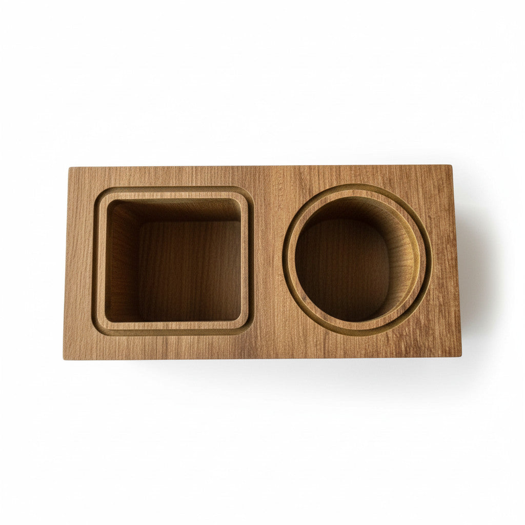 Double Pencil Holder in Coffee Brown, Wooden Desk Organizer, MDF Pen Cup for Home Office or Kids' Desk - front view of the product