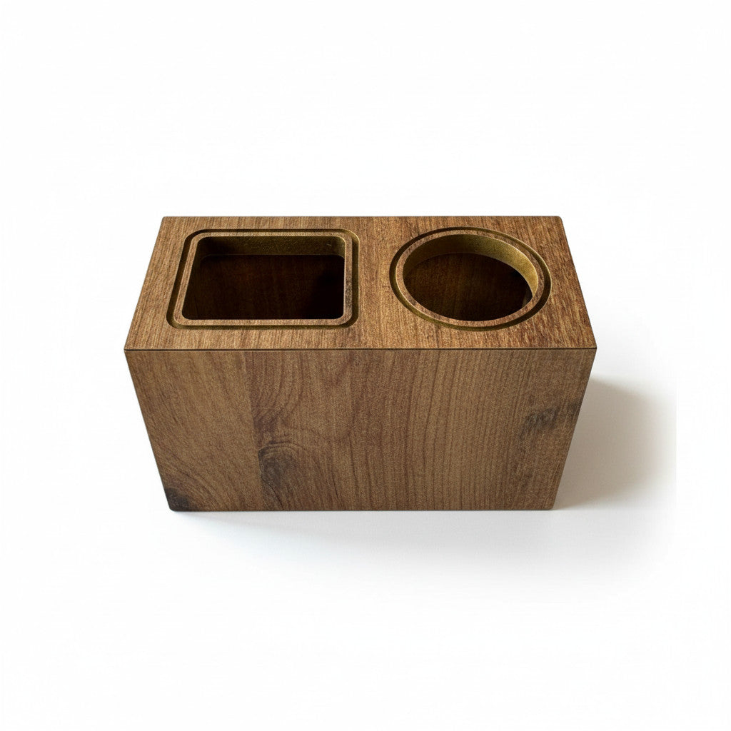 Double Pencil Holder in Coffee Brown, Wooden Desk Organizer, MDF Pen Cup for Home Office or Kids' Desk - detail view for shoppers