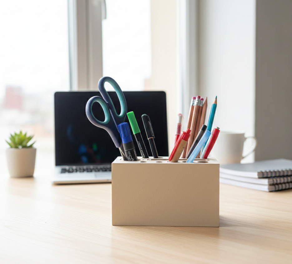 Grey Perforated Wooden Pencil Holder, MDF Desk Organizer for Kids Room or Craft Table - wood material and finish detail