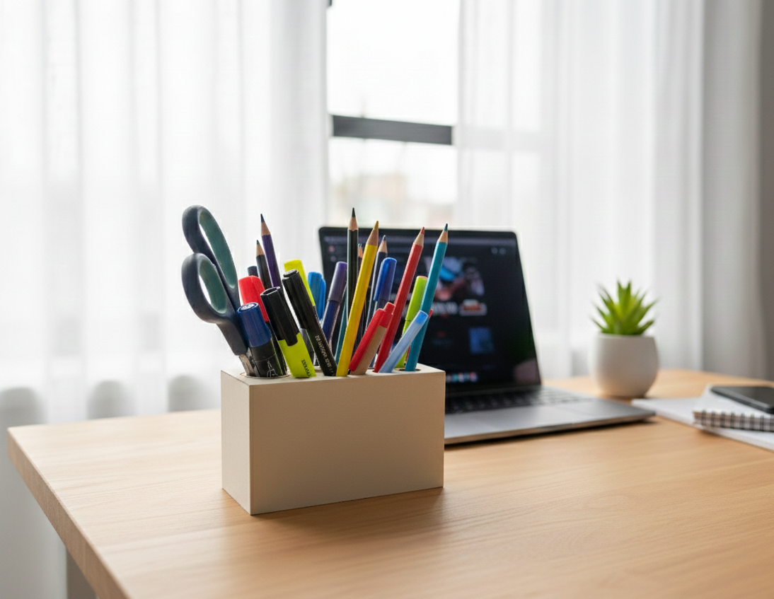 Grey Perforated Wooden Pencil Holder, MDF Desk Organizer for Kids Room or Craft Table - side view showing the product profile