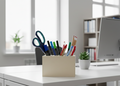 Grey Perforated Wooden Pencil Holder, MDF Desk Organizer for Kids Room or Craft Table - size and shape detail