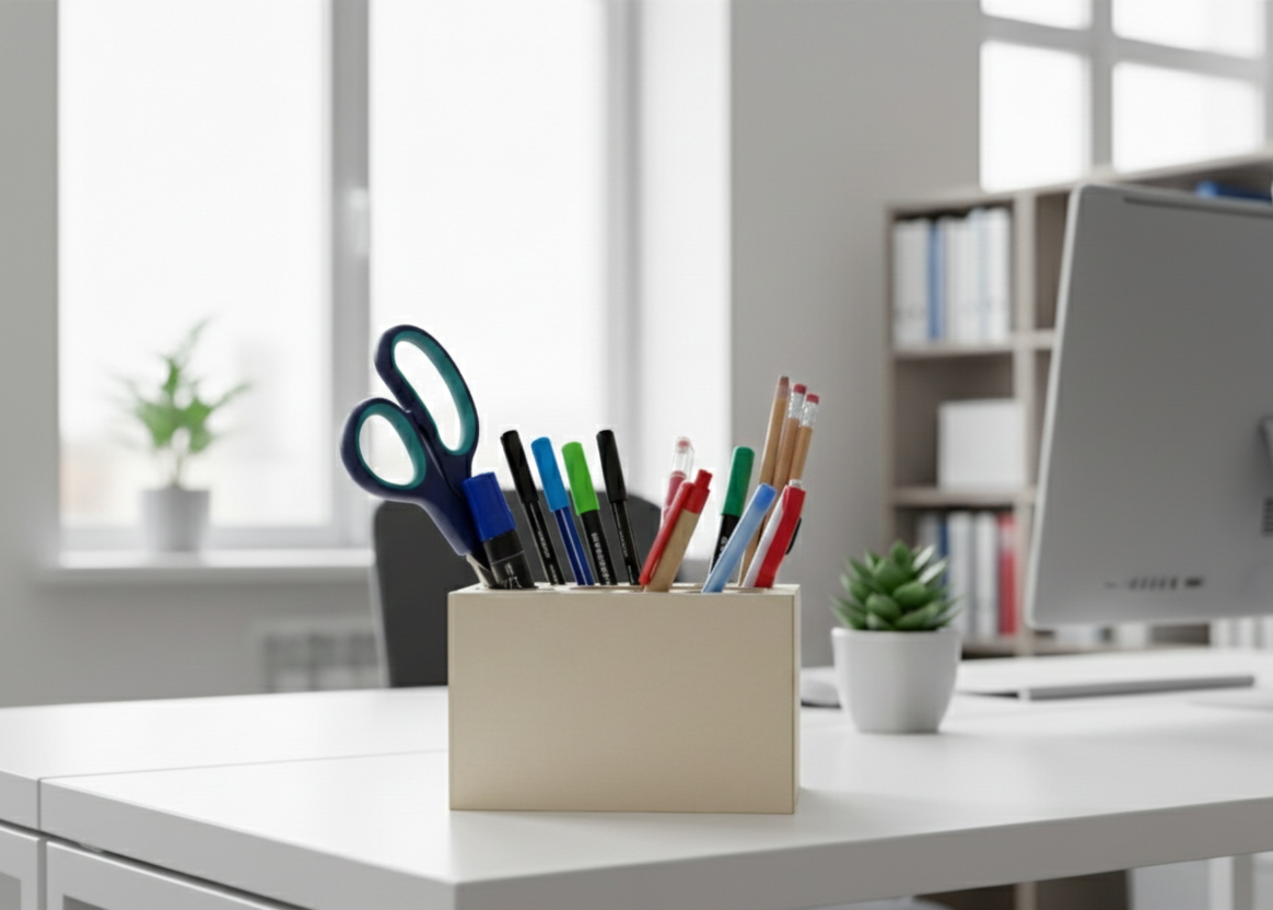 Grey Perforated Wooden Pencil Holder, MDF Desk Organizer for Kids Room or Craft Table - size and shape detail