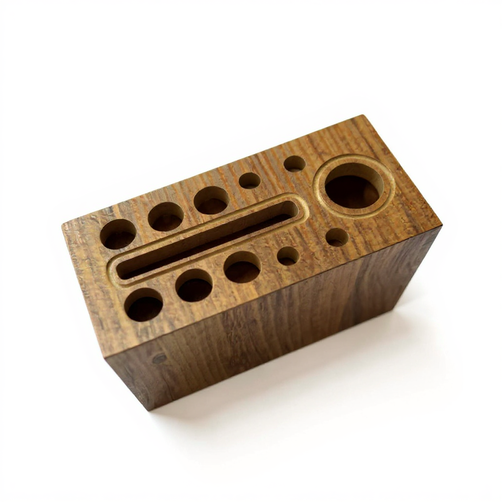 Round Hole Wooden Desk Pen Holder in Brown MDF, Modern Pencil Cup for Desk Organization - close up of the product detail