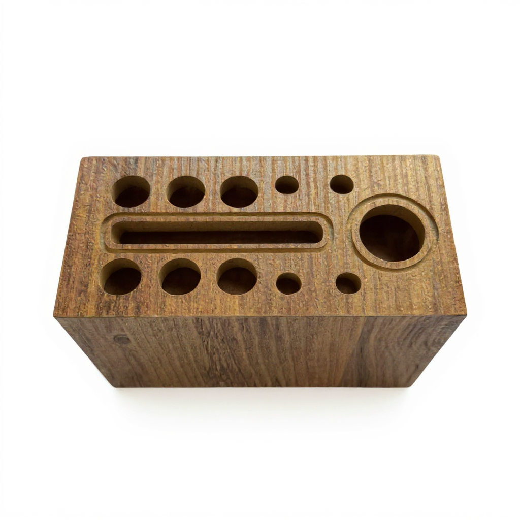 Round Hole Wooden Desk Pen Holder in Brown MDF, Modern Pencil Cup for Desk Organization - wood material and finish detail