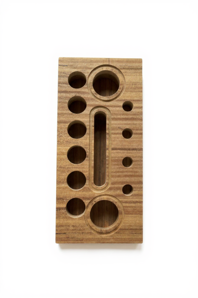 Round Hole Wooden Desk Pen Holder in Brown MDF, Modern Pencil Cup for Desk Organization - size and shape detail