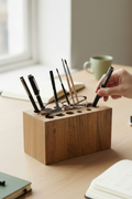 Round Hole Wooden Desk Pen Holder in Brown MDF, Modern Pencil Cup for Desk Organization - handmade wooden product detail