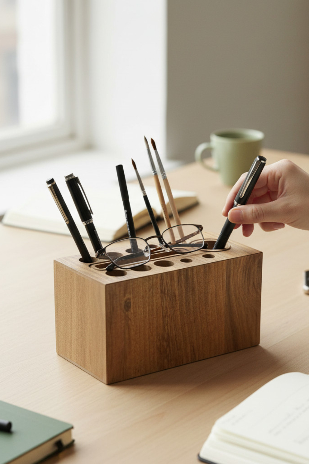 Round Hole Wooden Desk Pen Holder in Brown MDF, Modern Pencil Cup for Desk Organization - handmade wooden product detail