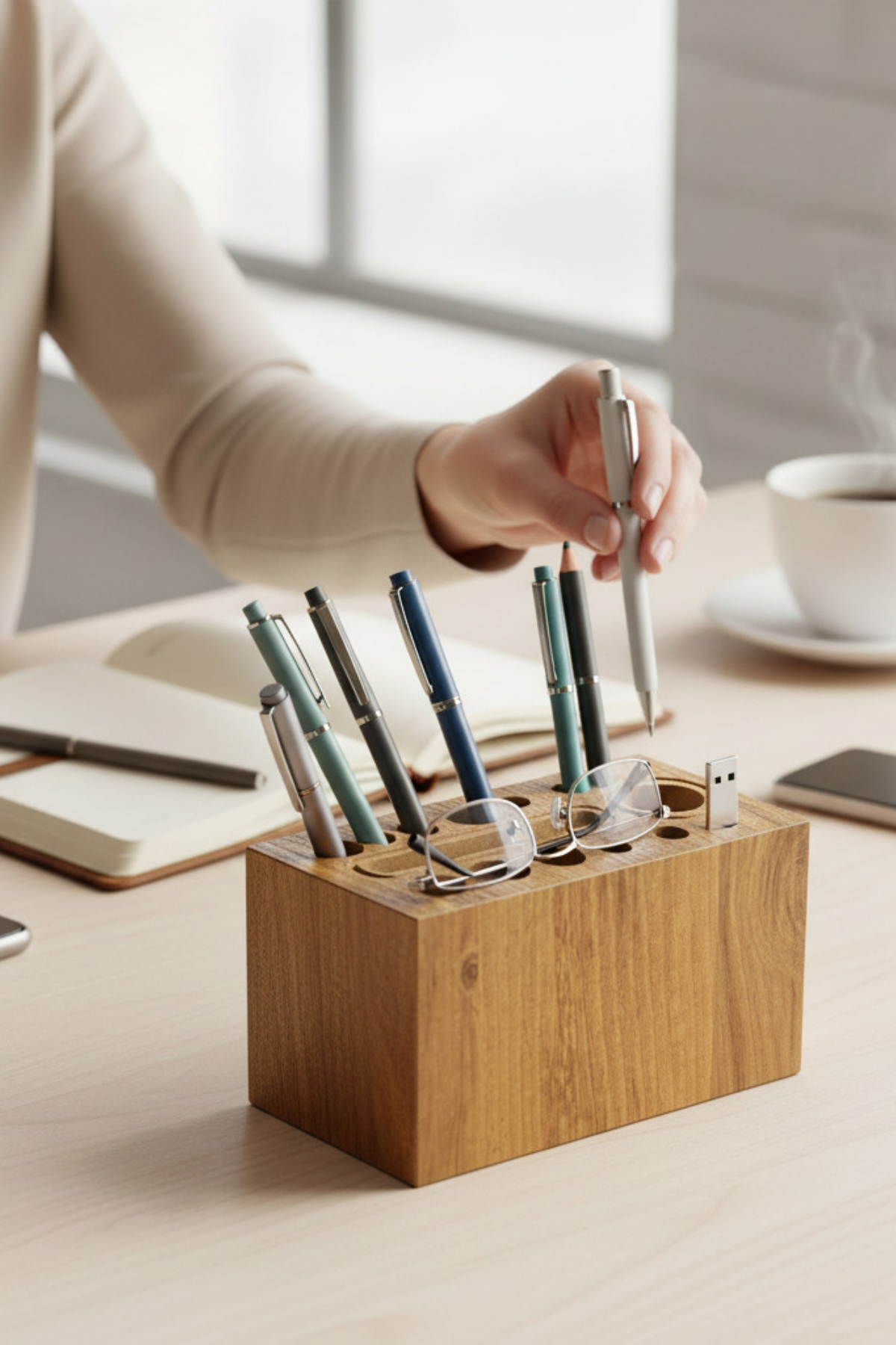 Round Hole Wooden Desk Pen Holder in Brown MDF, Modern Pencil Cup for Desk Organization - front view of the product