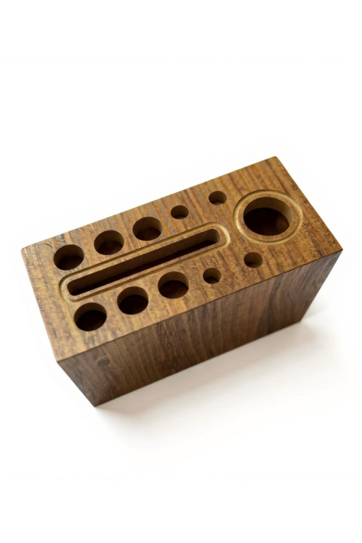 Round Hole Wooden Desk Pen Holder in Brown MDF, Modern Pencil Cup for Desk Organization - detail view for shoppers