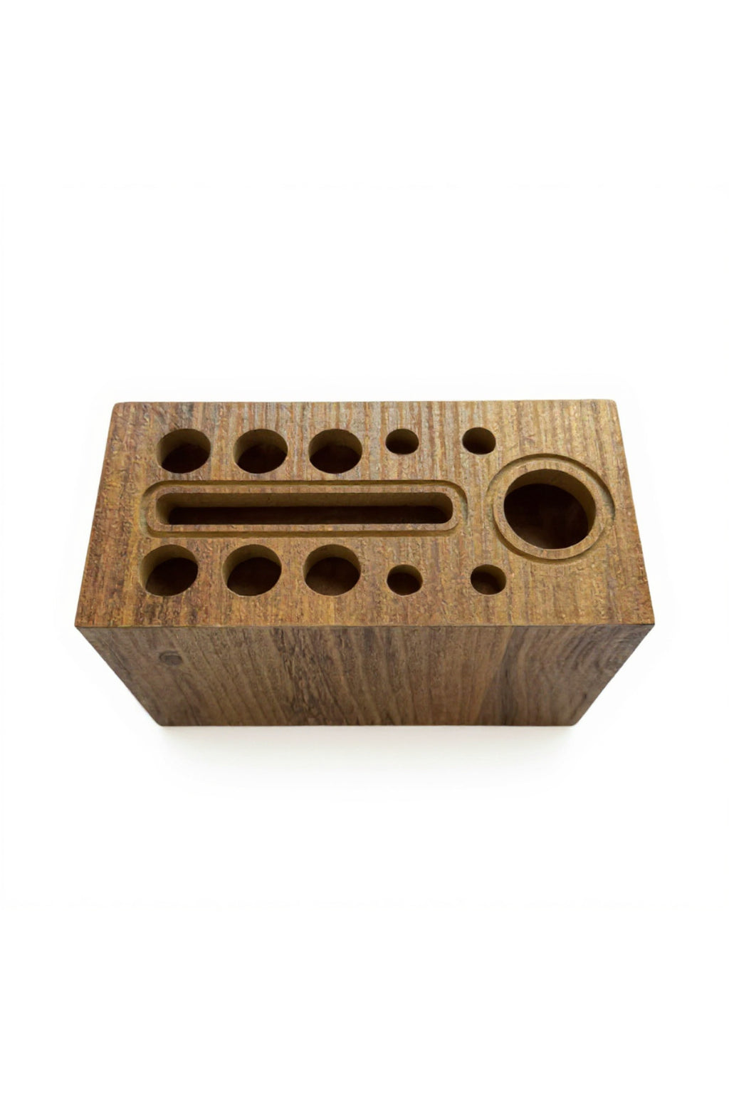 Round Hole Wooden Desk Pen Holder in Brown MDF, Modern Pencil Cup for Desk Organization - additional product photo