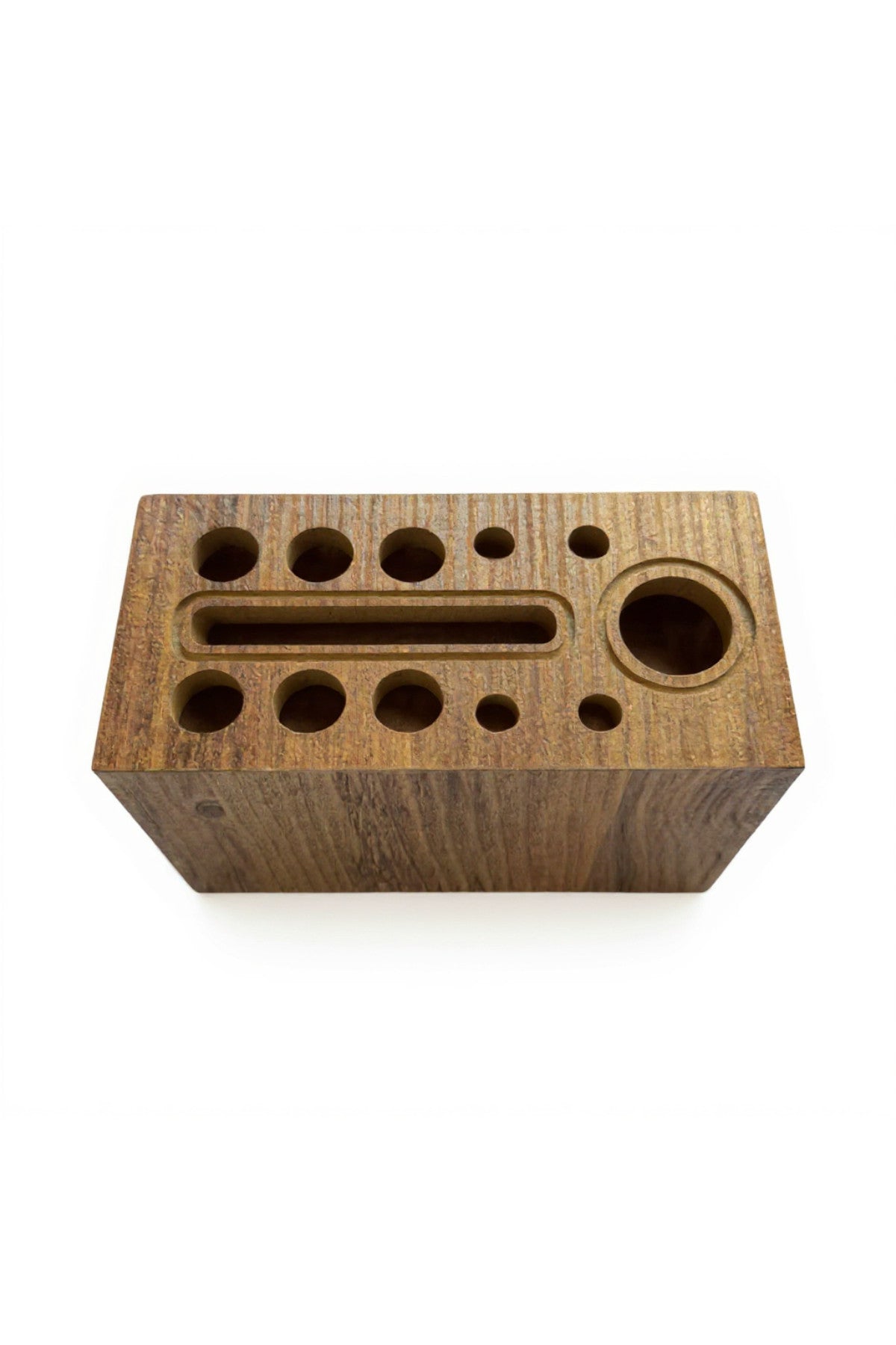 Round Hole Wooden Desk Pen Holder in Brown MDF, Modern Pencil Cup for Desk Organization - additional product photo