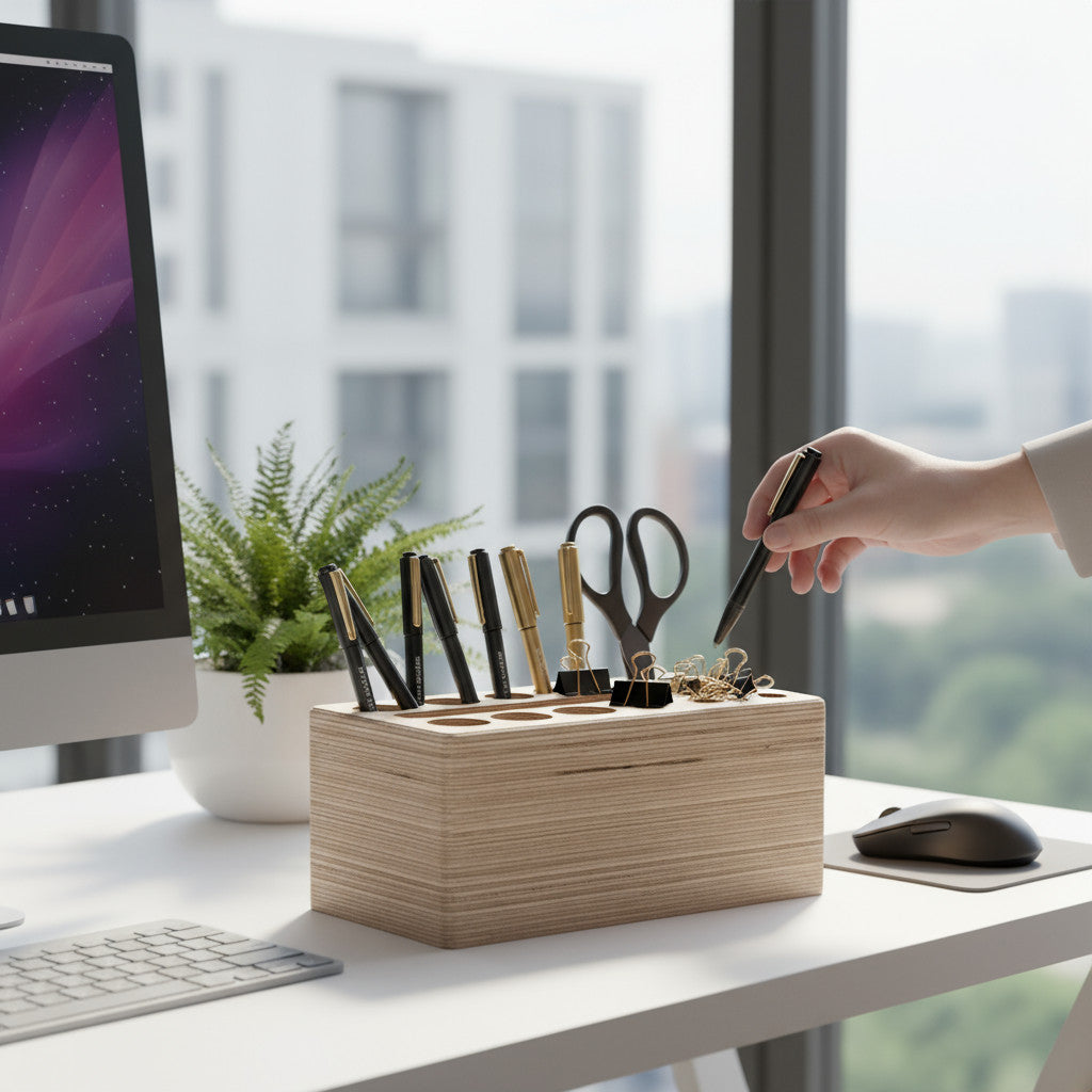 Wooden Pencil Holder with Holes, Desk Organiser, Natural Wood Pen Cup for Home Office - main product view