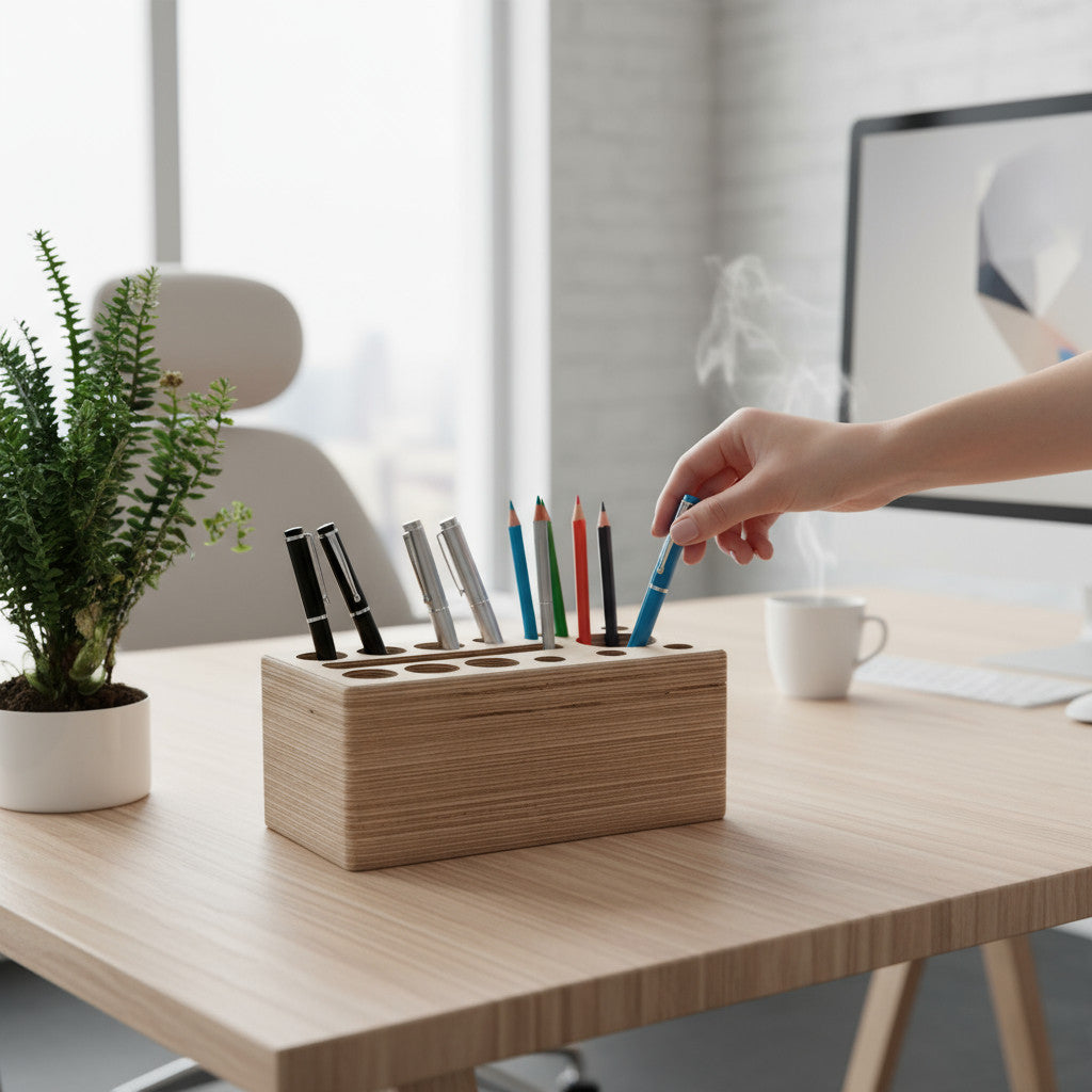 Wooden Pencil Holder with Holes, Desk Organiser, Natural Wood Pen Cup for Home Office - close up of the product detail
