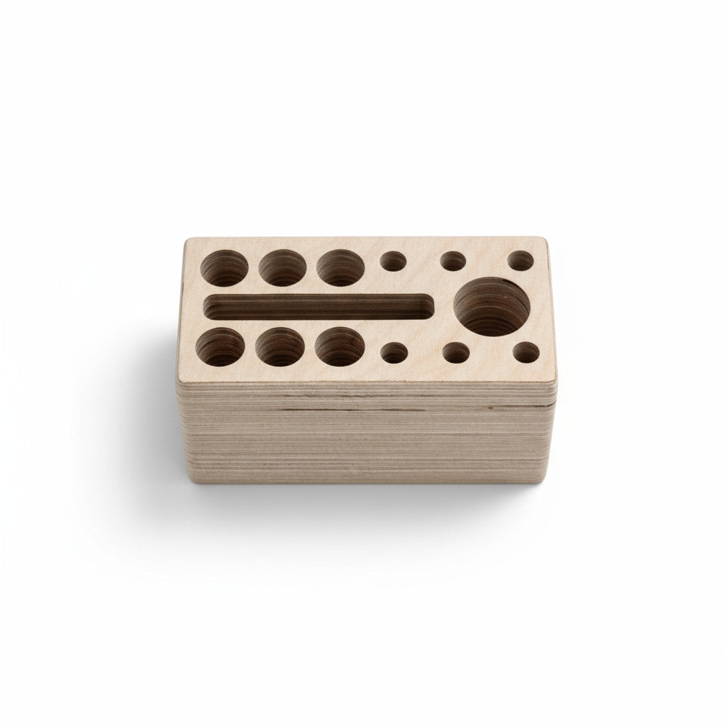 Wooden Pencil Holder with Holes, Desk Organiser, Natural Wood Pen Cup for Home Office - side view showing the product profile