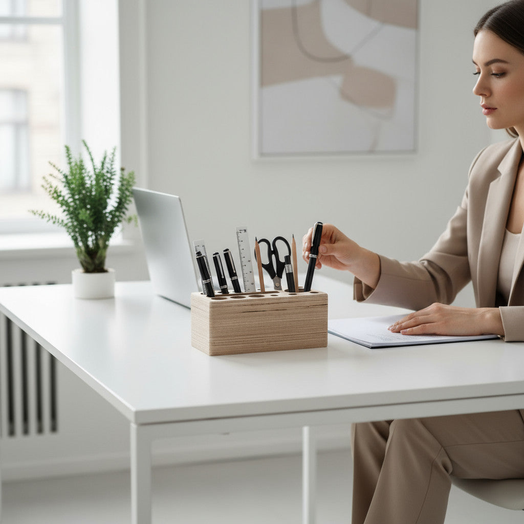 Wooden Pencil Holder with Holes, Desk Organiser, Natural Wood Pen Cup for Home Office - front view of the product