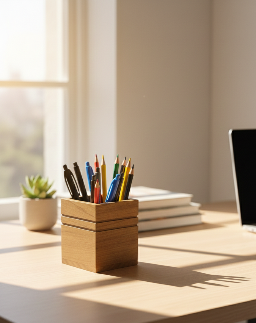 Square Wooden Pencil Holder with Striped Design, Brown MDF Desk Organizer, Minimal Table Storage for Pens and Pencils - main product view