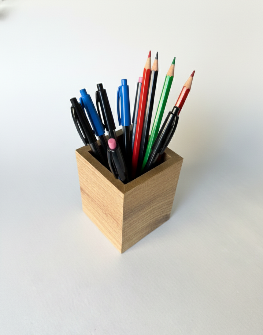 Square Brown Wooden Pencil Holder, MDF Desk Organizer for Pens, Pencils and Small Supplies, Minimal Table Storage - close up of the product detail