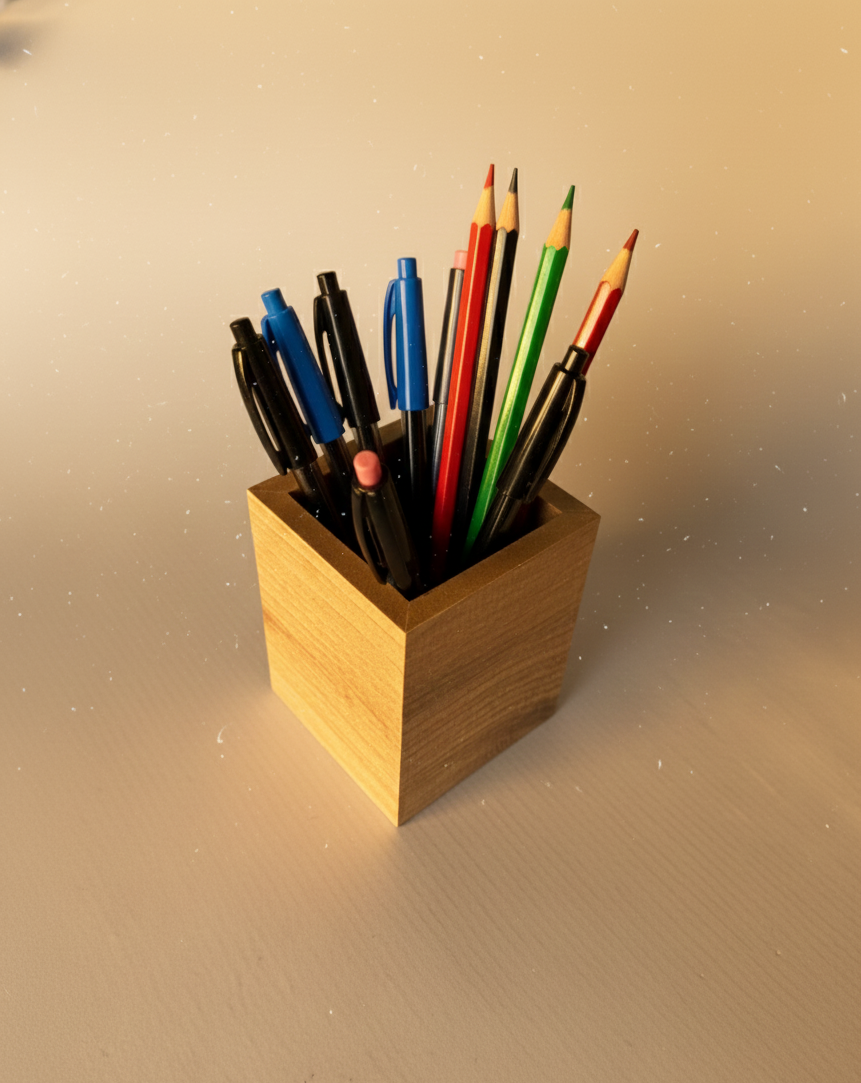 Square Brown Wooden Pencil Holder, MDF Desk Organizer for Pens, Pencils and Small Supplies, Minimal Table Storage - main product view