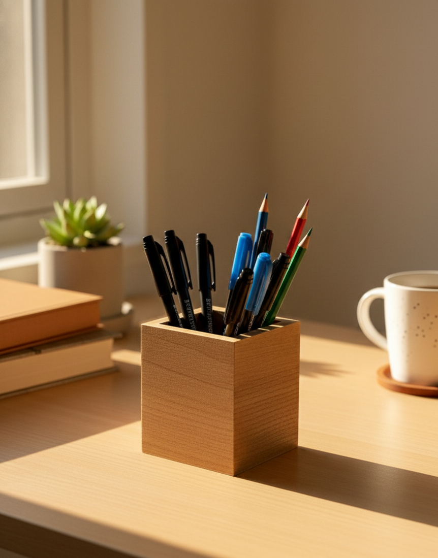 Square Brown Wooden Pencil Holder, MDF Desk Organizer for Pens, Pencils and Small Supplies, Minimal Table Storage - wood material and finish detail
