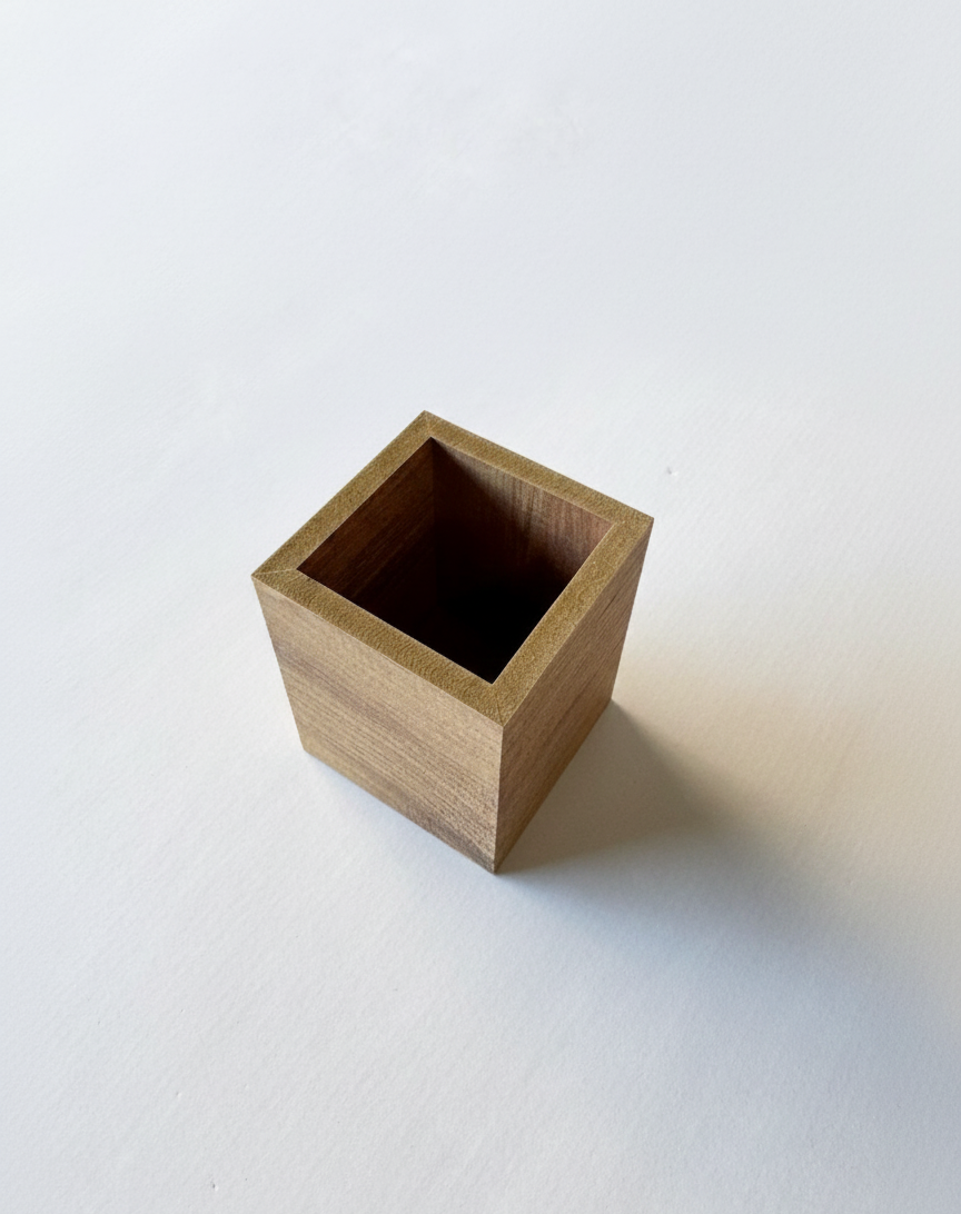 Square Brown Wooden Pencil Holder, MDF Desk Organizer for Pens, Pencils and Small Supplies, Minimal Table Storage - side view showing the product profile