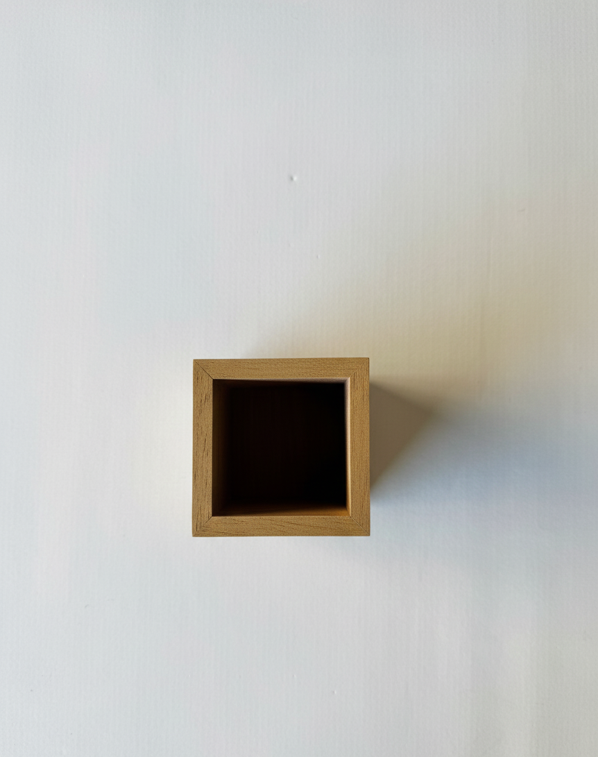 Square Brown Wooden Pencil Holder, MDF Desk Organizer for Pens, Pencils and Small Supplies, Minimal Table Storage - size and shape detail