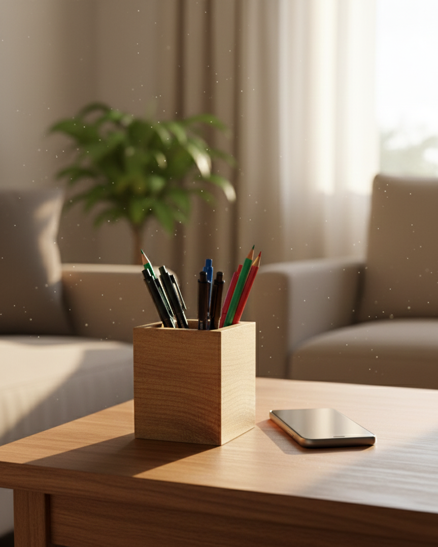 Square Brown Wooden Pencil Holder, MDF Desk Organizer for Pens, Pencils and Small Supplies, Minimal Table Storage - styled use and display idea