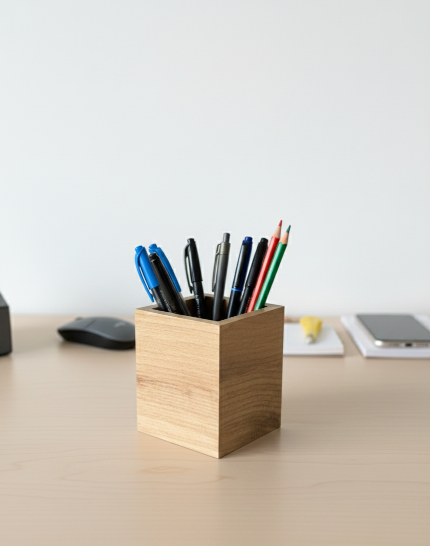Square Brown Wooden Pencil Holder, MDF Desk Organizer for Pens, Pencils and Small Supplies, Minimal Table Storage - handmade wooden product detail