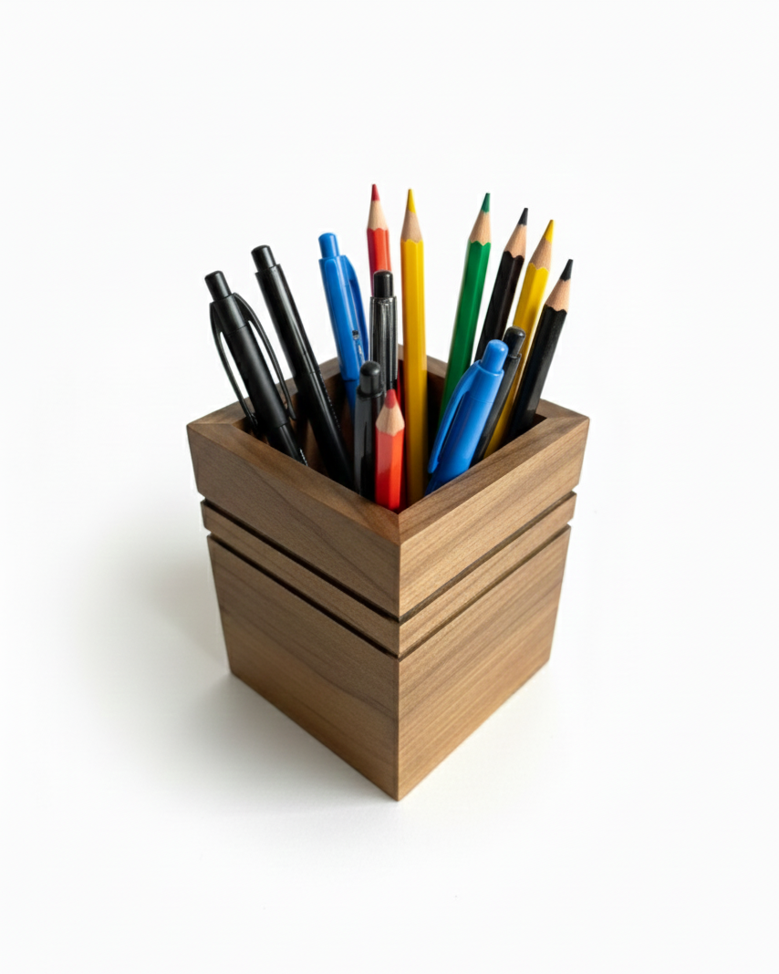 Square Wooden Pencil Holder with Striped Design, Brown MDF Desk Organizer, Minimal Table Storage for Pens and Pencils - detail view for shoppers