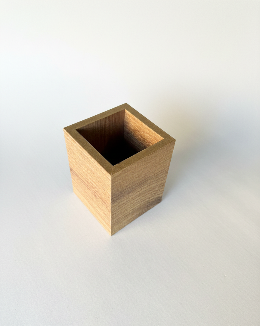 Square Brown Wooden Pencil Holder, MDF Desk Organizer for Pens, Pencils and Small Supplies, Minimal Table Storage - front view of the product