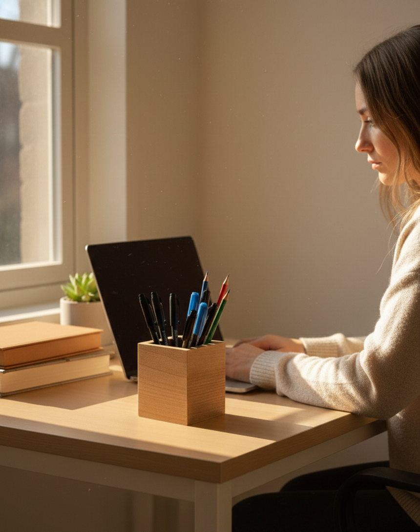 Square Brown Wooden Pencil Holder, MDF Desk Organizer for Pens, Pencils and Small Supplies, Minimal Table Storage - additional product photo