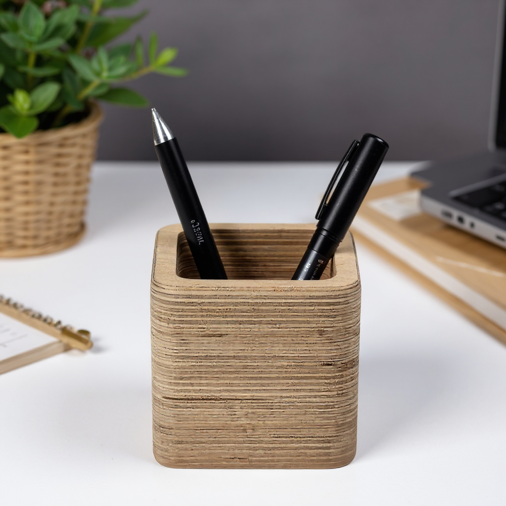 Square Wooden Pencil Holder, Small Desk Organizer, Minimal Wooden Pen Cup for Home Office or Kids' Desk - main product view