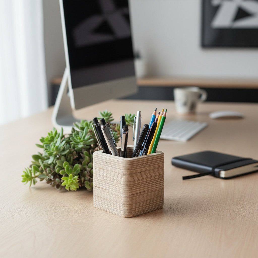 Square Wooden Pencil Holder, Small Desk Organizer, Minimal Wooden Pen Cup for Home Office or Kids' Desk - close up of the product detail