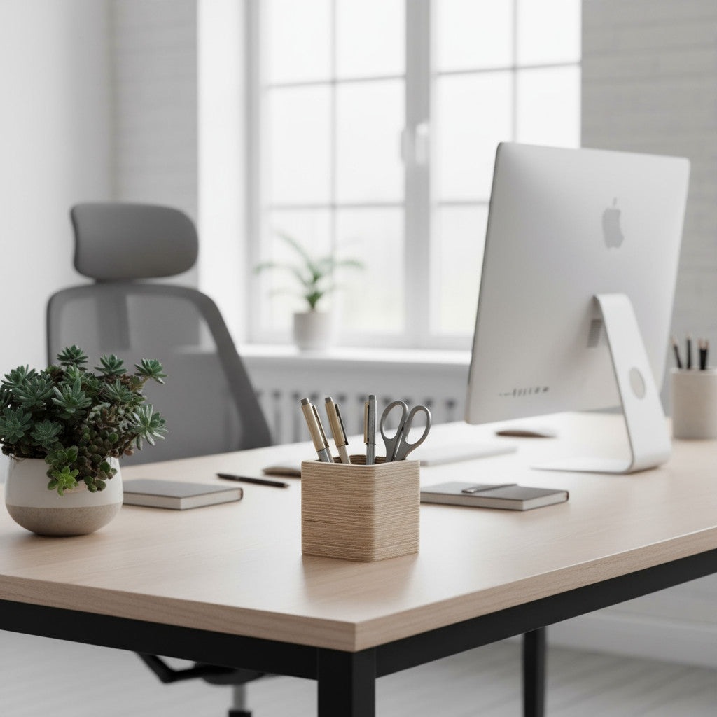 Square Wooden Pencil Holder, Small Desk Organizer, Minimal Wooden Pen Cup for Home Office or Kids' Desk - wood material and finish detail