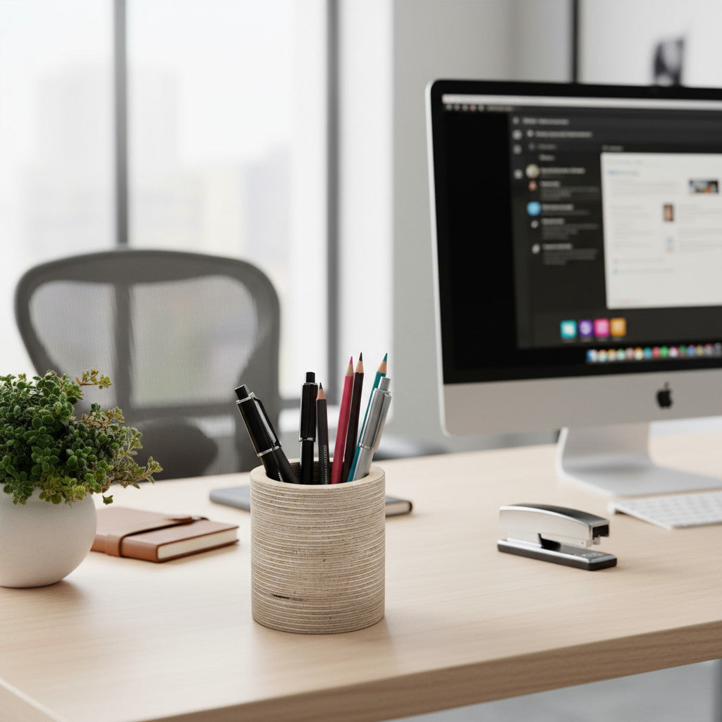 Round Wooden Pencil Holder, Small Desk Organiser, Minimal Wood Pen Pot for Office or Kids' Room - close up of the product detail