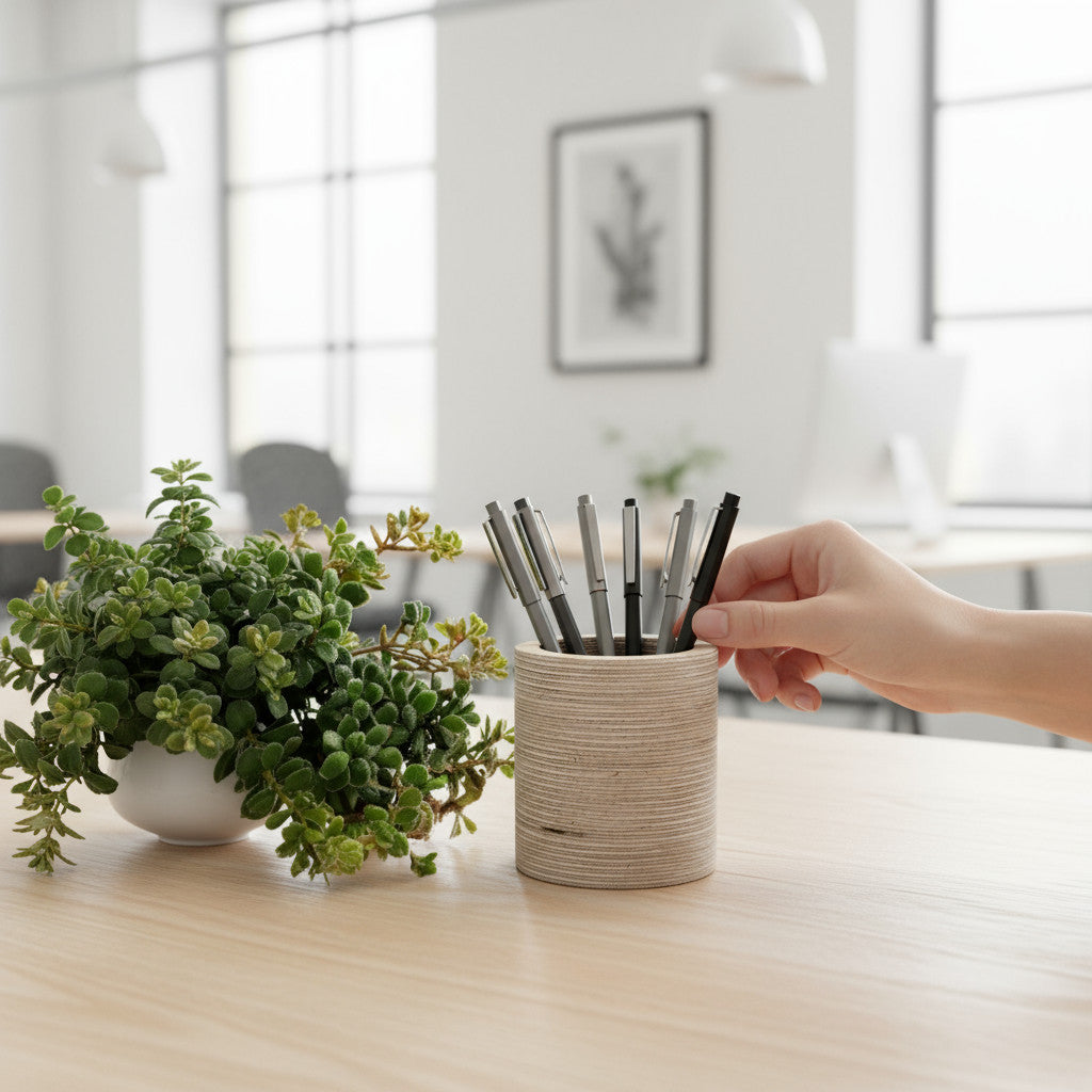 Round Wooden Pencil Holder, Small Desk Organiser, Minimal Wood Pen Pot for Office or Kids' Room - wood material and finish detail
