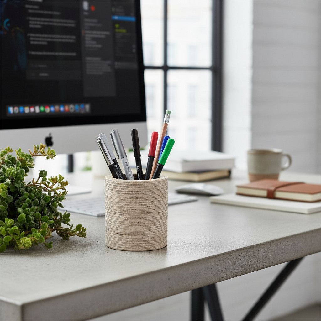 Round Wooden Pencil Holder, Small Desk Organiser, Minimal Wood Pen Pot for Office or Kids' Room - side view showing the product profile