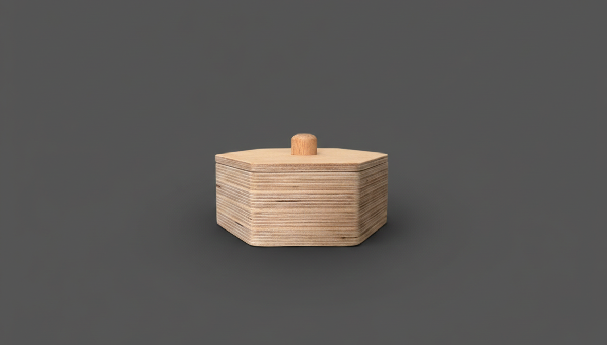 Wooden Hexagon Box Puzzle Toy, Geometric Shape Activity Toy, Handcrafted Wooden Puzzle Board for Kids - side view showing the slim profile