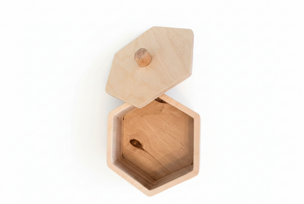 Wooden Hexagon Box Puzzle Toy, Geometric Shape Activity Toy, Handcrafted Wooden Puzzle Board for Kids - handmade wooden toy detail