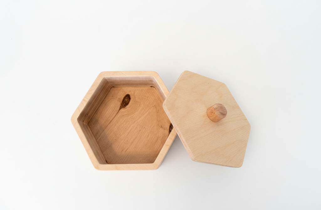 Wooden Hexagon Box Puzzle Toy, Geometric Shape Activity Toy, Handcrafted Wooden Puzzle Board for Kids - front view of the wooden activity toy