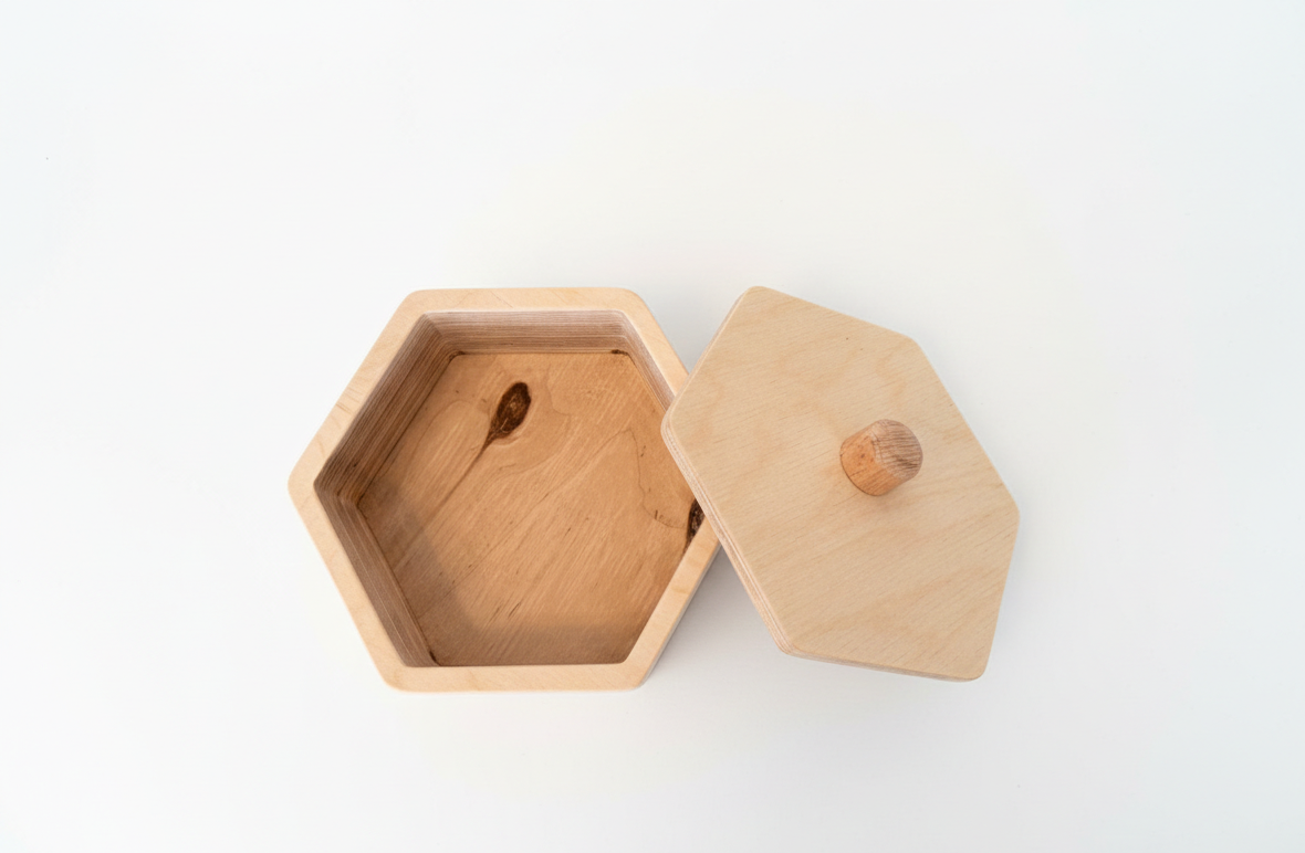 Wooden Hexagon Box Puzzle Toy, Geometric Shape Activity Toy, Handcrafted Wooden Puzzle Board for Kids - front view of the wooden activity toy
