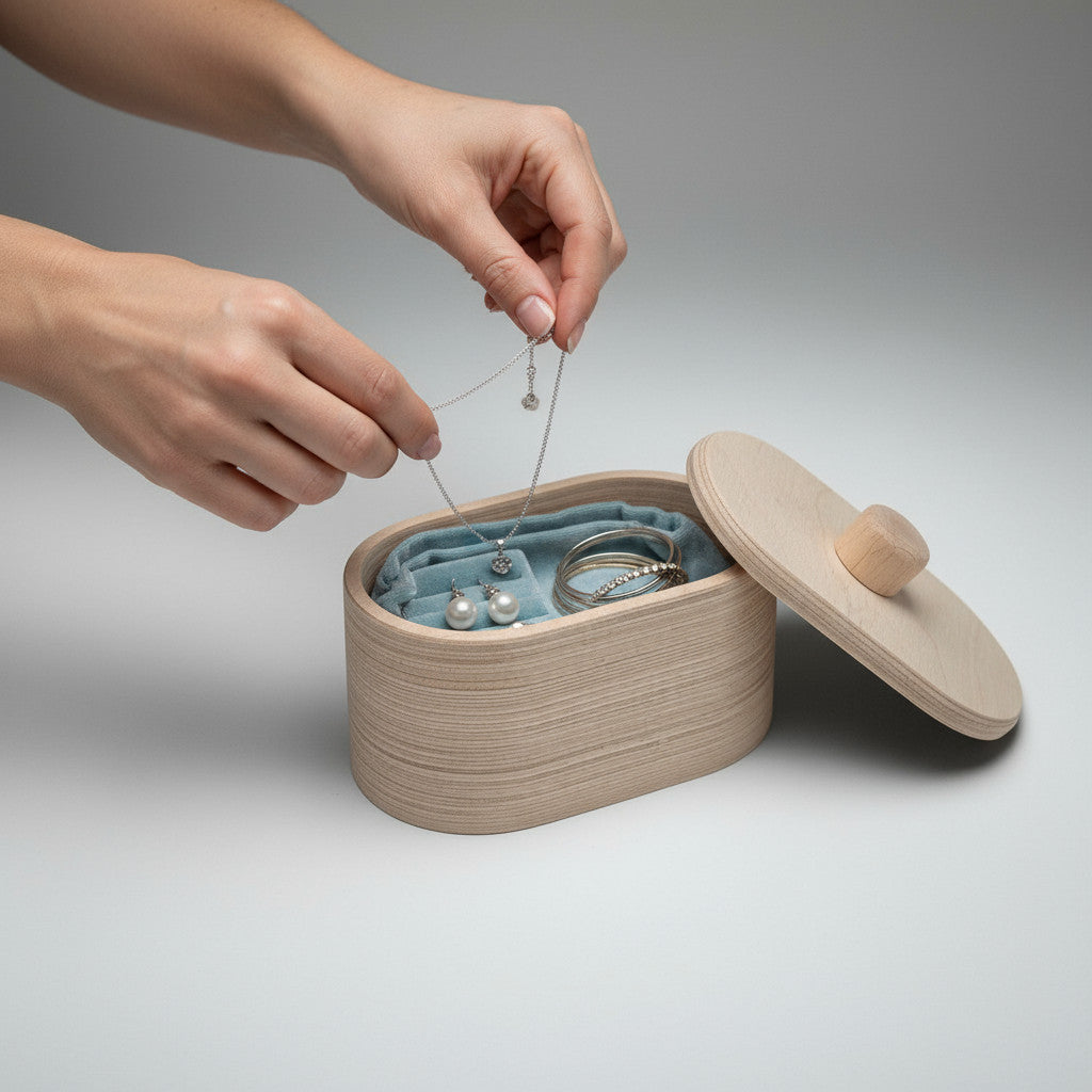 Small Ellipse Wooden Box, Handmade Wooden Storage Box, Natural Wood Keepsake Box, Minimal Wooden Decor Accent - side view showing the product profile
