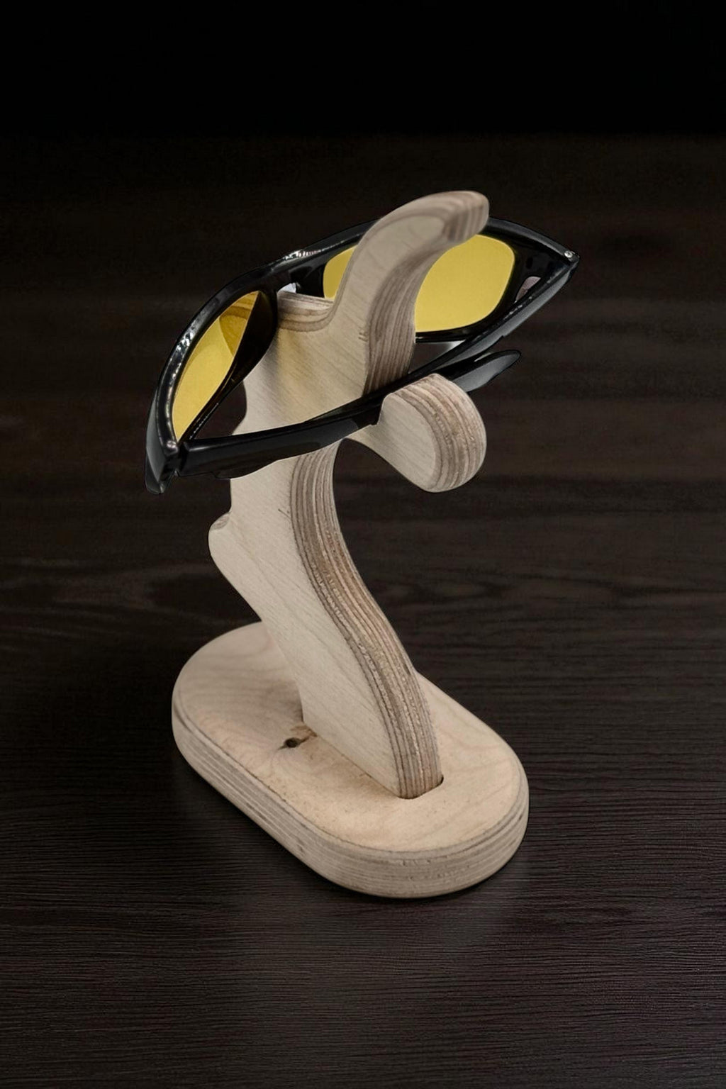 Wooden Eyeglass Stand, Handmade Glasses Holder for Desk or Nightstand - side view showing the product profile