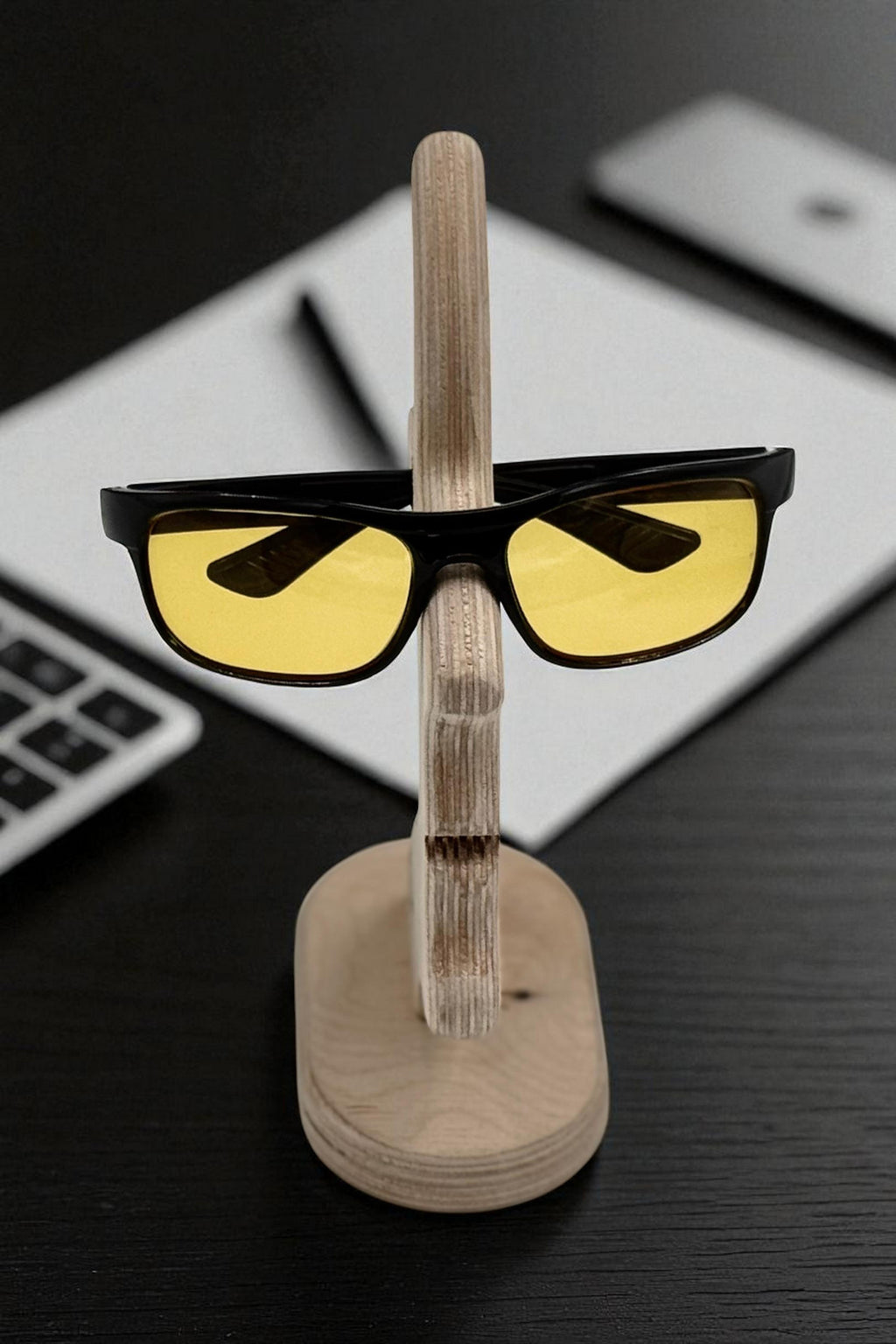 Wooden Eyeglass Stand, Handmade Glasses Holder for Desk or Nightstand - styled use and display idea