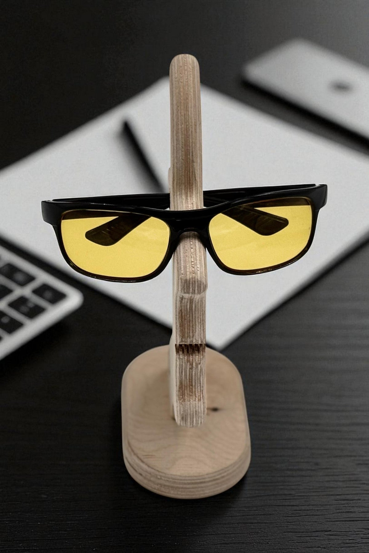 Wooden Eyeglass Stand, Handmade Glasses Holder for Desk or Nightstand - styled use and display idea