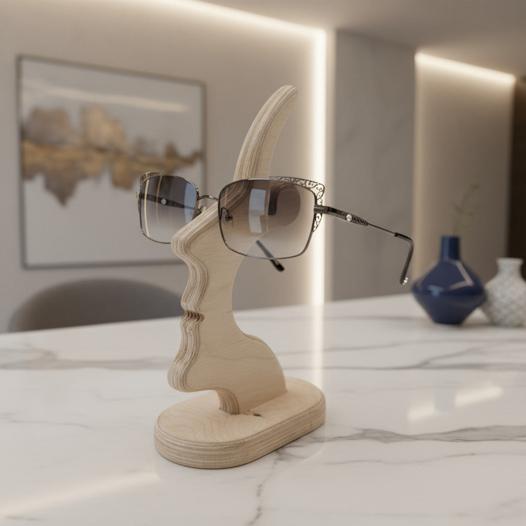 Wooden Eyeglass Stand, Handmade Glasses Holder for Desk or Nightstand - front view of the product