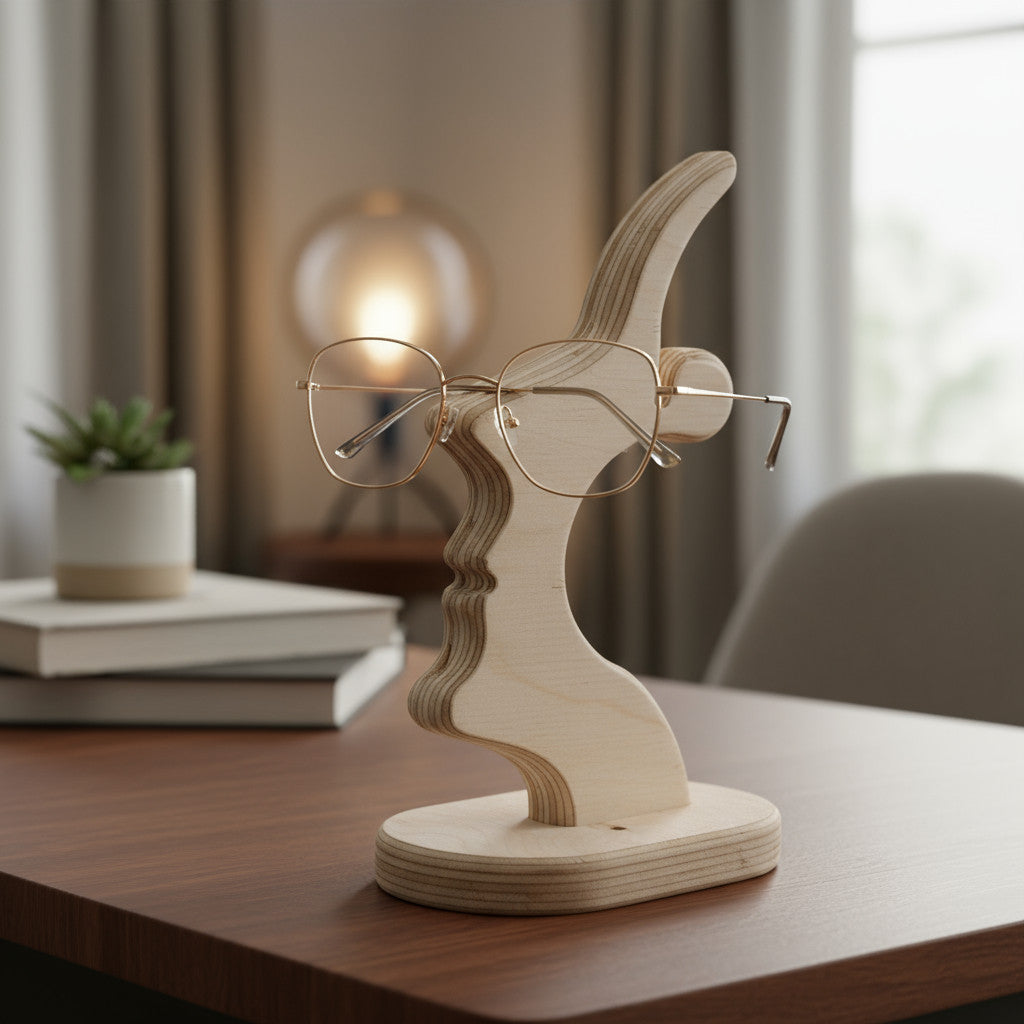 Wooden Eyeglass Stand, Handmade Glasses Holder for Desk or Nightstand - detail view for shoppers